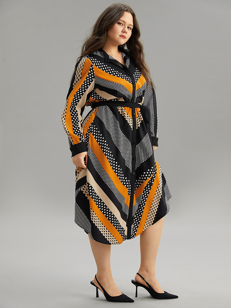 Plus Size Women Work Striped Belted Regular Sleeve Long Sleeve Mock Neck Pocket Belt At the Office Dresses BloomChic 