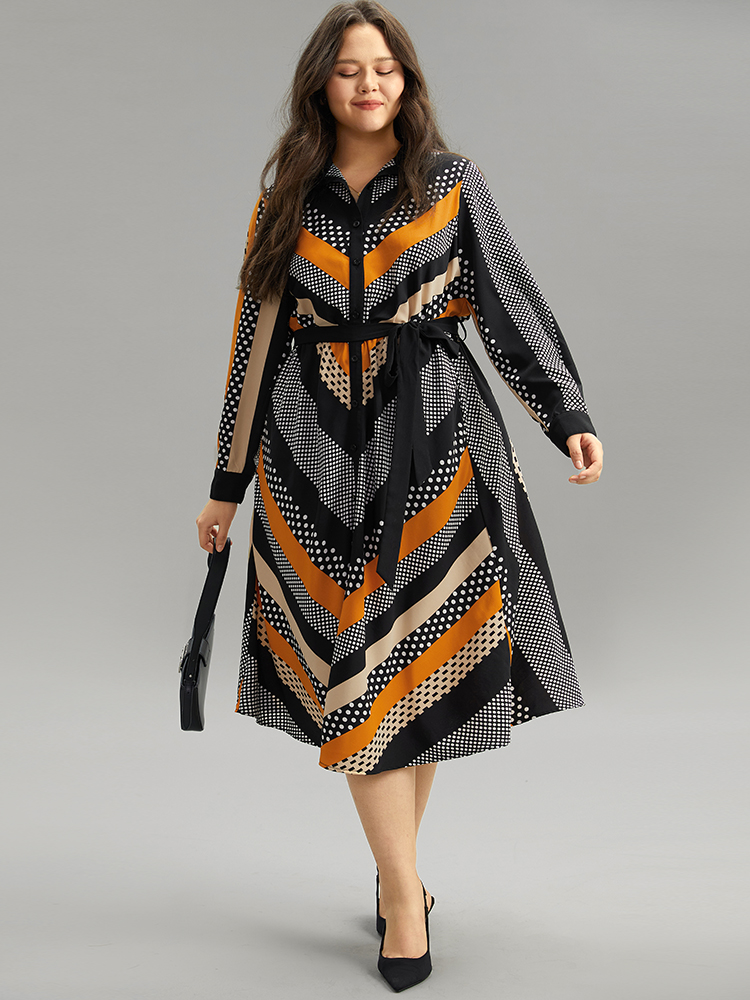 Plus Size Women Work Striped Belted Regular Sleeve Long Sleeve Mock Neck Pocket Belt At the Office Dresses BloomChic 