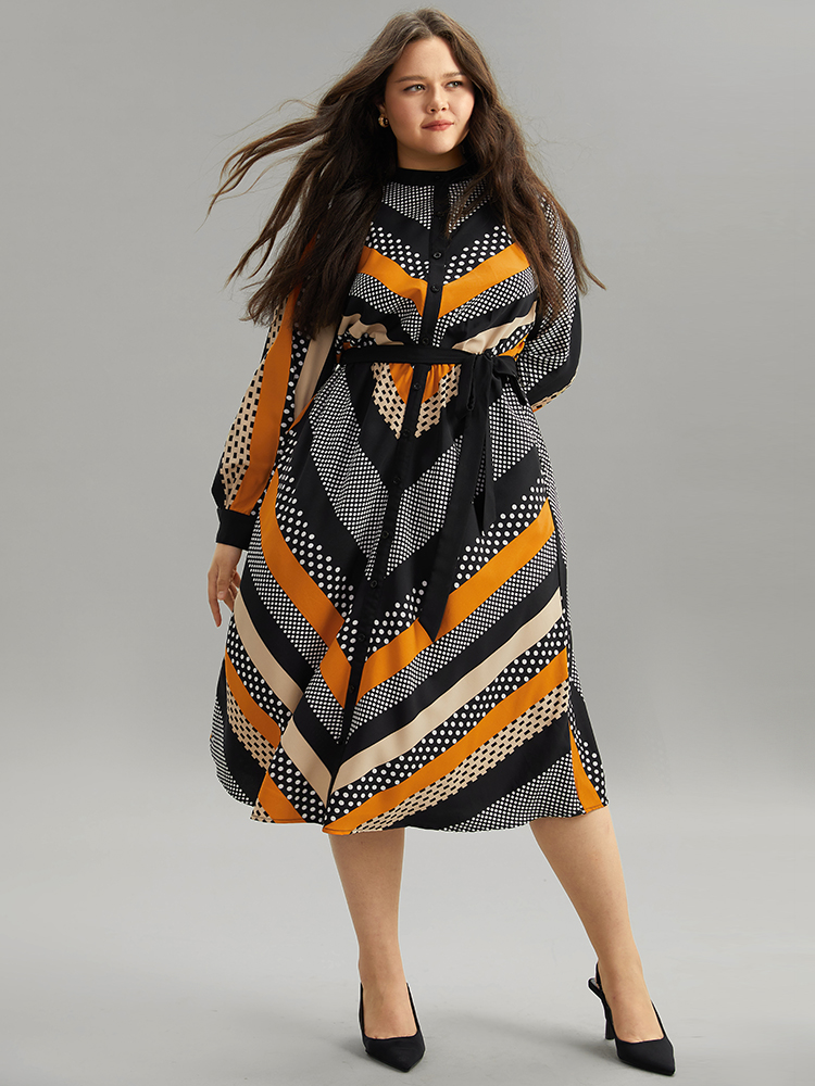 Plus Size Women Work Striped Belted Regular Sleeve Long Sleeve Mock Neck Pocket Belt At the Office Dresses BloomChic 