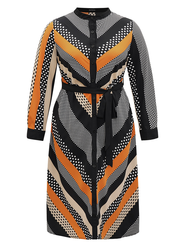 Plus Size Women Work Striped Belted Regular Sleeve Long Sleeve Mock Neck Pocket Belt At the Office Dresses BloomChic 