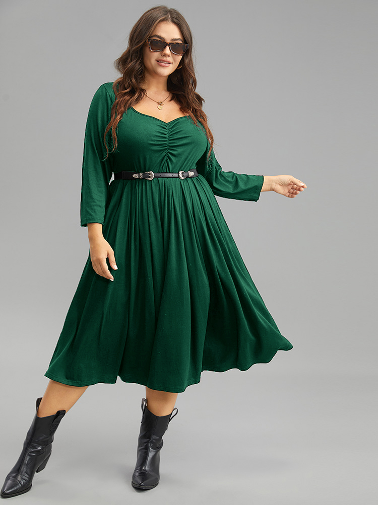 

Plus Size Supersoft Essentials Square Neck Ruched Dress DarkGreen Women Casual Gathered Square Neck Elbow-length sleeve Curvy Midi Dress BloomChic