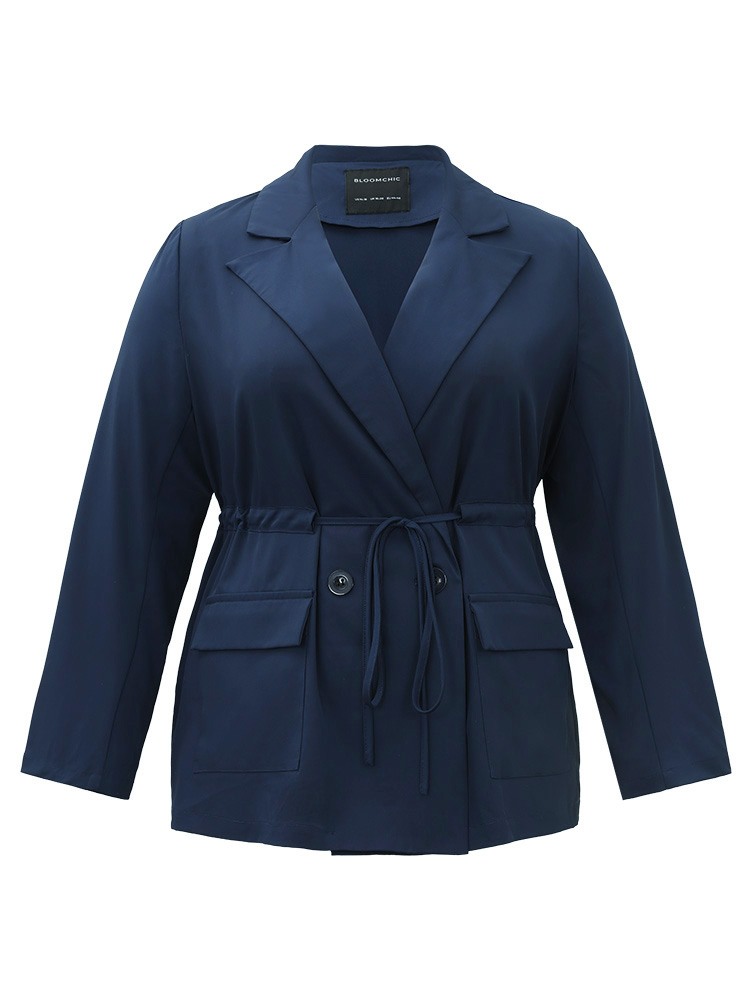 

Plus Size Button Up Drawstring Pocket Blazer Indigo Women Work Plain Plain Sleeve Long Sleeve Lapel Collar  Pocket At the Office Blazers BloomChic