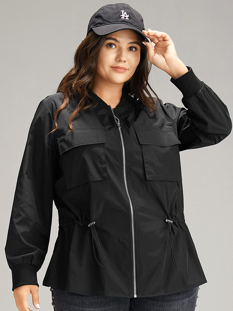 

Plus Size Wind-Resistant Zipper Fly Drawstring Jacket Women Black Plain Pocket Dailywear Jackets BloomChic