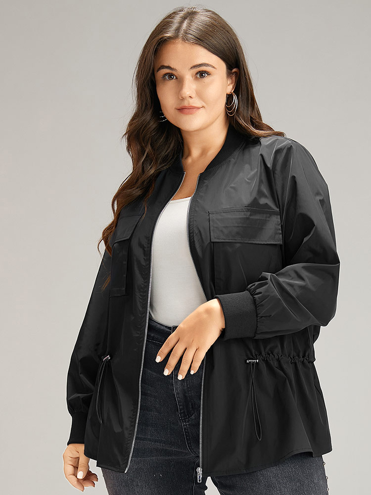 

Plus Size Wind-Resistant Zipper Fly Drawstring Jacket Women Black Plain Pocket Dailywear Jackets BloomChic