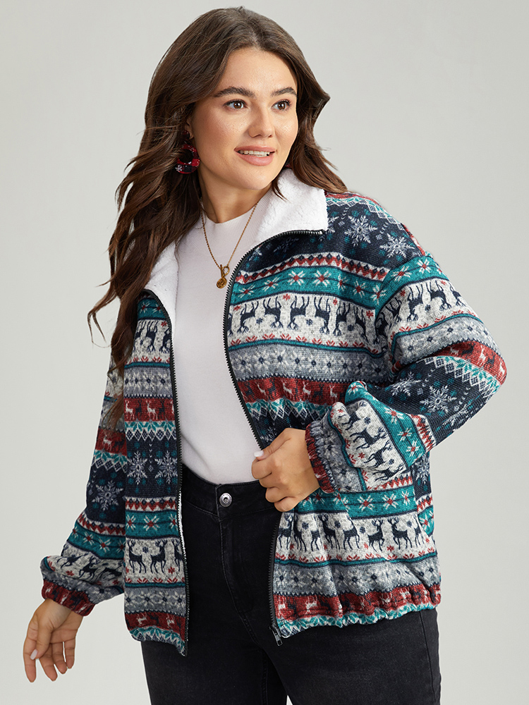 Plus Size Patchwork Contrast Drawstring Zipper Jacket Women Multicolor Elastic cuffs Dailywear Jackets BloomChic 14-16/1X 