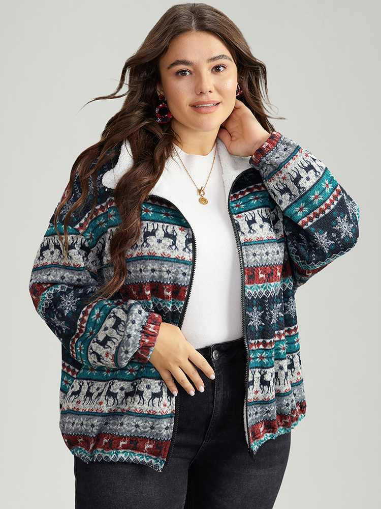 Plus Size Patchwork Contrast Drawstring Zipper Jacket Women Multicolor Elastic cuffs Dailywear Jackets BloomChic 14-16/1X 