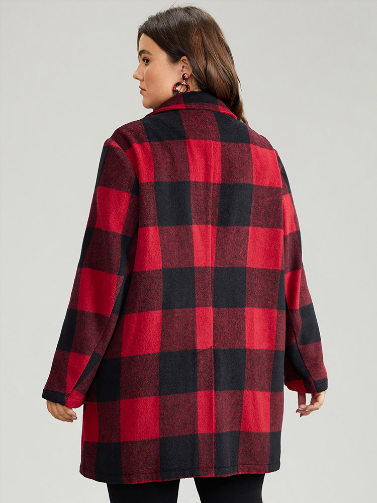 Plus Size Plaid Print Button Down Pocket Tunic Coat Women Crimson Casual Contrast Ladies Dailywear Winter Coats BloomChic 10/M 