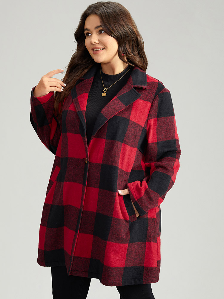 Plus Size Plaid Print Button Down Pocket Tunic Coat Women Crimson Casual Contrast Ladies Dailywear Winter Coats BloomChic 10/M 