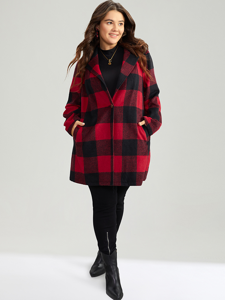 

Plus Size Plaid Print Button Down Pocket Tunic Coat Women Crimson Casual Contrast Ladies Dailywear Winter Coats BloomChic