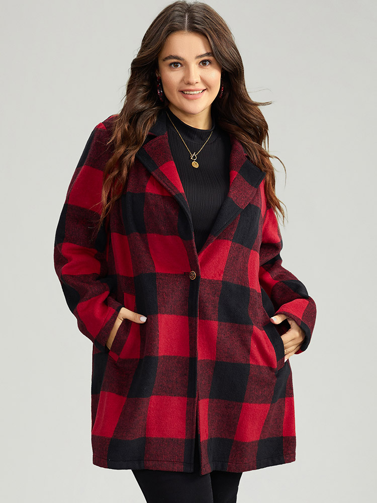 Plus Size Plaid Print Button Down Pocket Tunic Coat Women Crimson Casual Contrast Ladies Dailywear Winter Coats BloomChic 10/M 