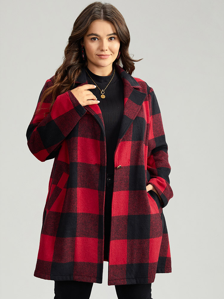 Plus Size Plaid Print Button Down Pocket Tunic Coat Women Crimson Casual Contrast Ladies Dailywear Winter Coats BloomChic 10/M 