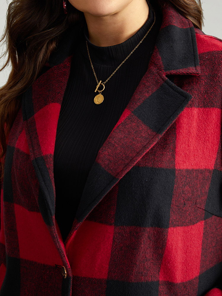Plus Size Plaid Print Button Down Pocket Tunic Coat Women Crimson Casual Contrast Ladies Dailywear Winter Coats BloomChic 10/M 