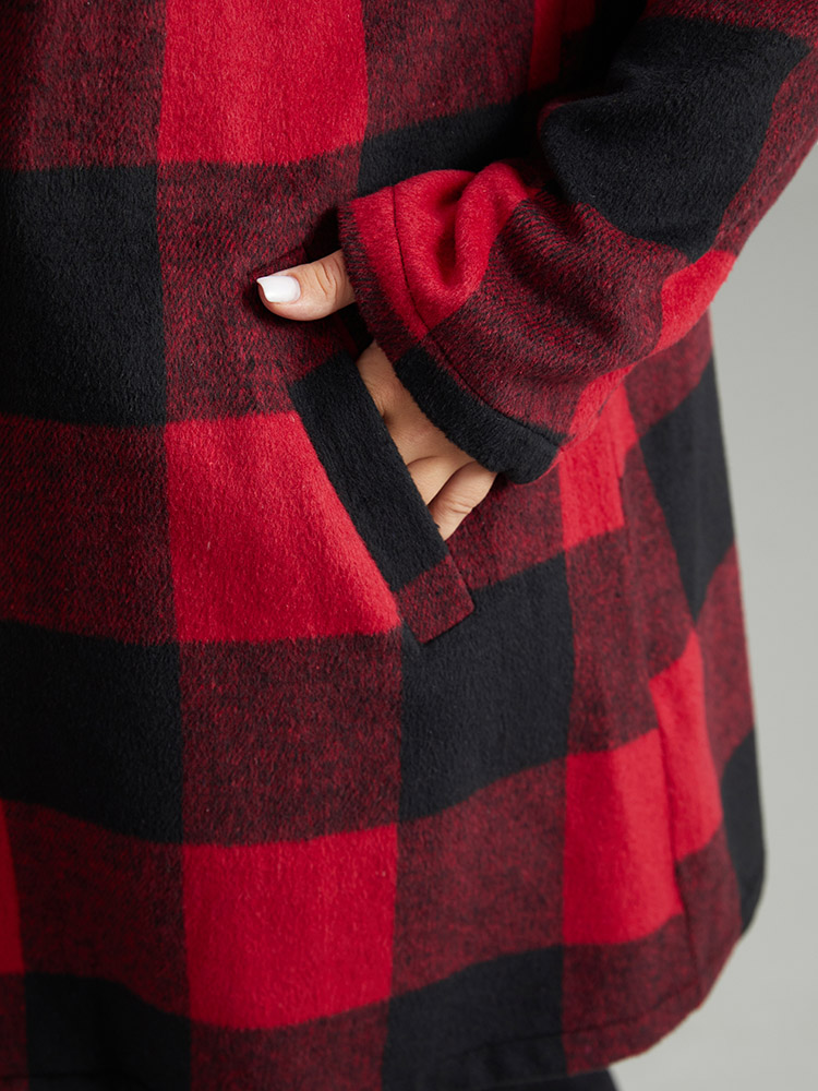 Plus Size Plaid Print Button Down Pocket Tunic Coat Women Crimson Casual Contrast Ladies Dailywear Winter Coats BloomChic 10/M 