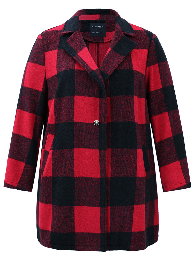 Plus Size Plaid Print Button Down Pocket Tunic Coat Women Crimson Casual Contrast Ladies Dailywear Winter Coats BloomChic 10/M 