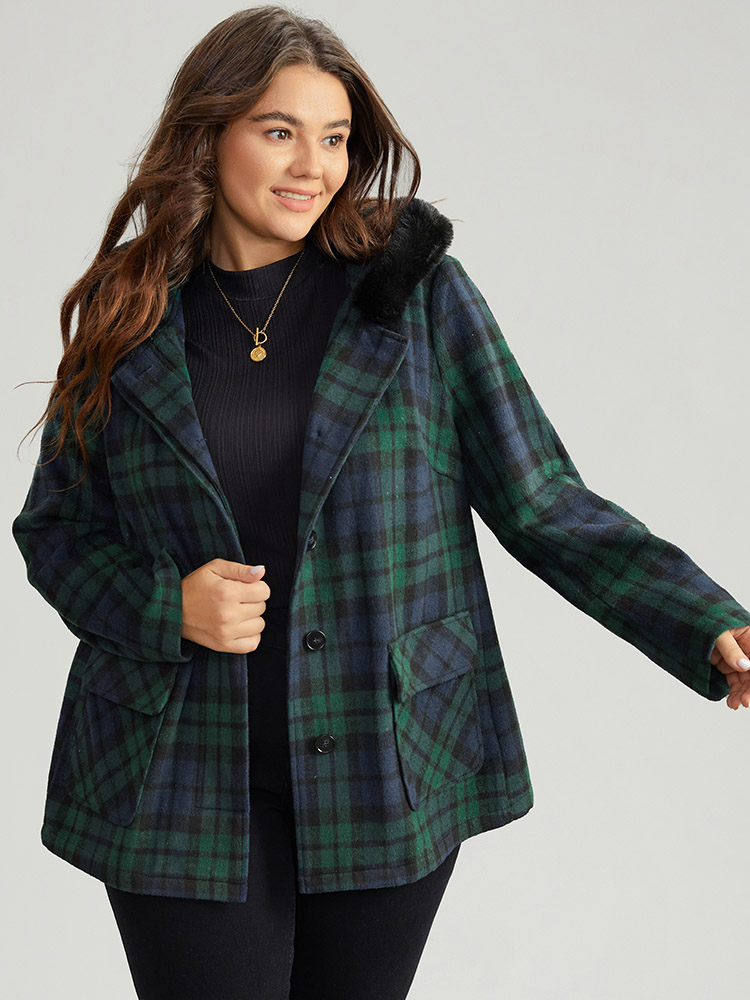 

Plus Size Plaid Button Fly Hooded Fuzzy Trim Coat Women Emerald Casual Contrast Ladies Dailywear Winter Coats BloomChic