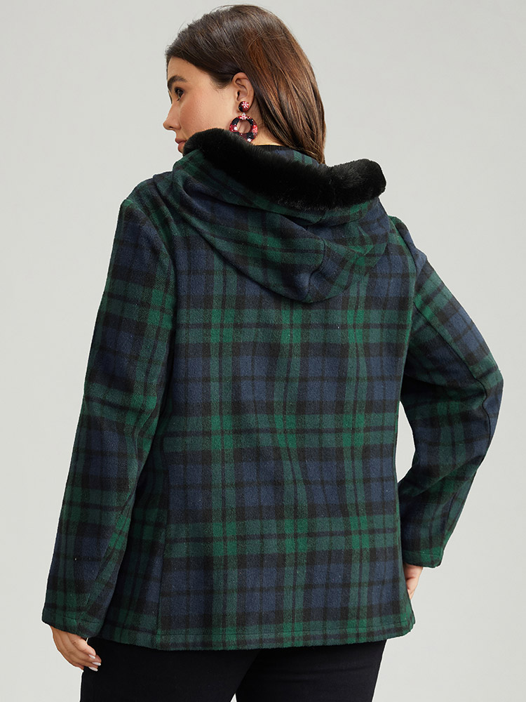 

Plus Size Plaid Button Fly Hooded Fuzzy Trim Coat Women Emerald Casual Contrast Ladies Dailywear Winter Coats BloomChic