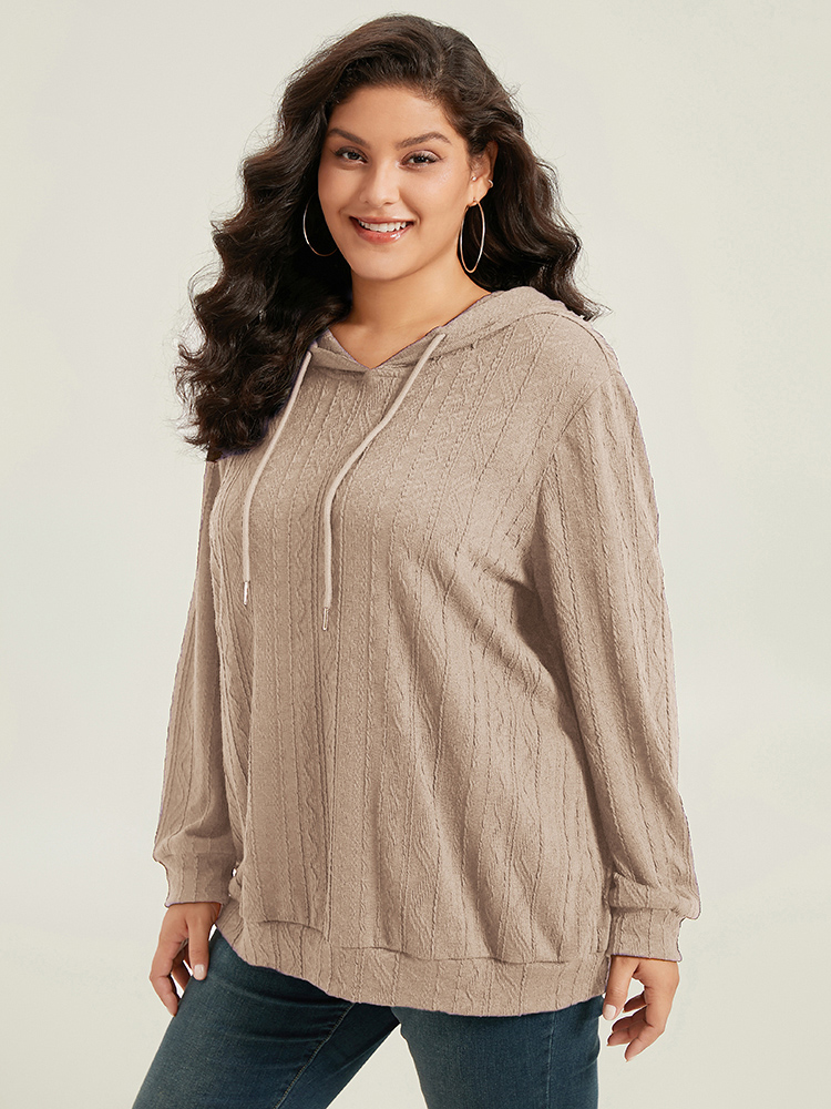 Plus Size Plain Textured Hooded Drawstring Sweatshirt Women LightBrown Casual Elastic cuffs Hooded Everyday Sweatshirts BloomChic 28/5X 