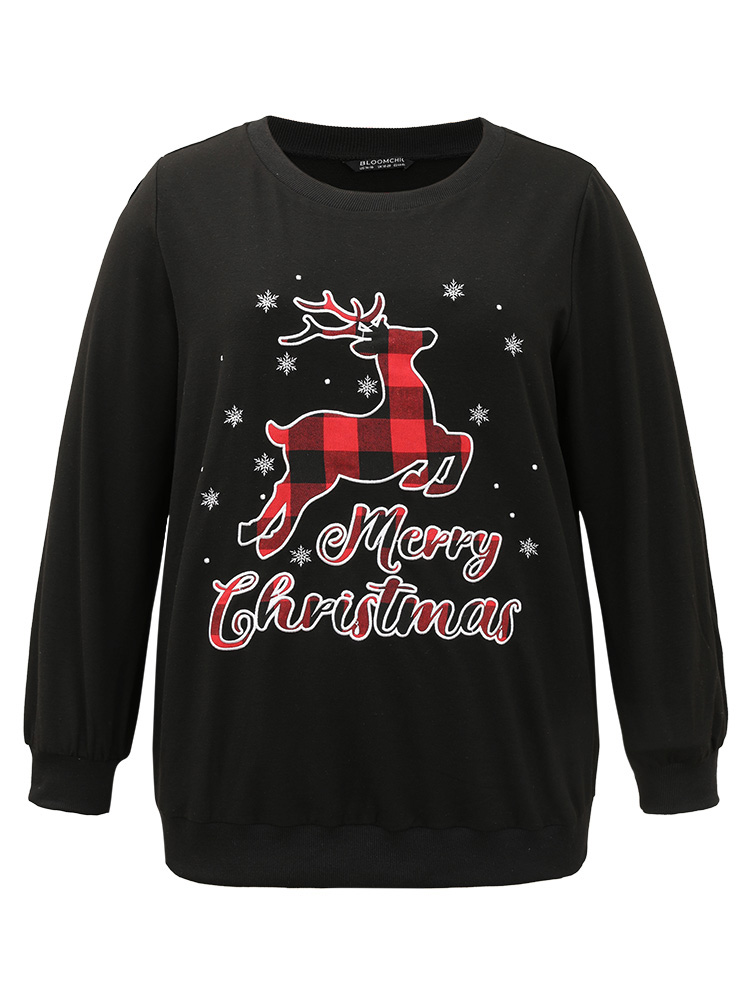 

Plus Size Christmas Elk Round Neck Sweatshirt Women Black Casual Printed Round Neck Festival-Christmas Sweatshirts BloomChic