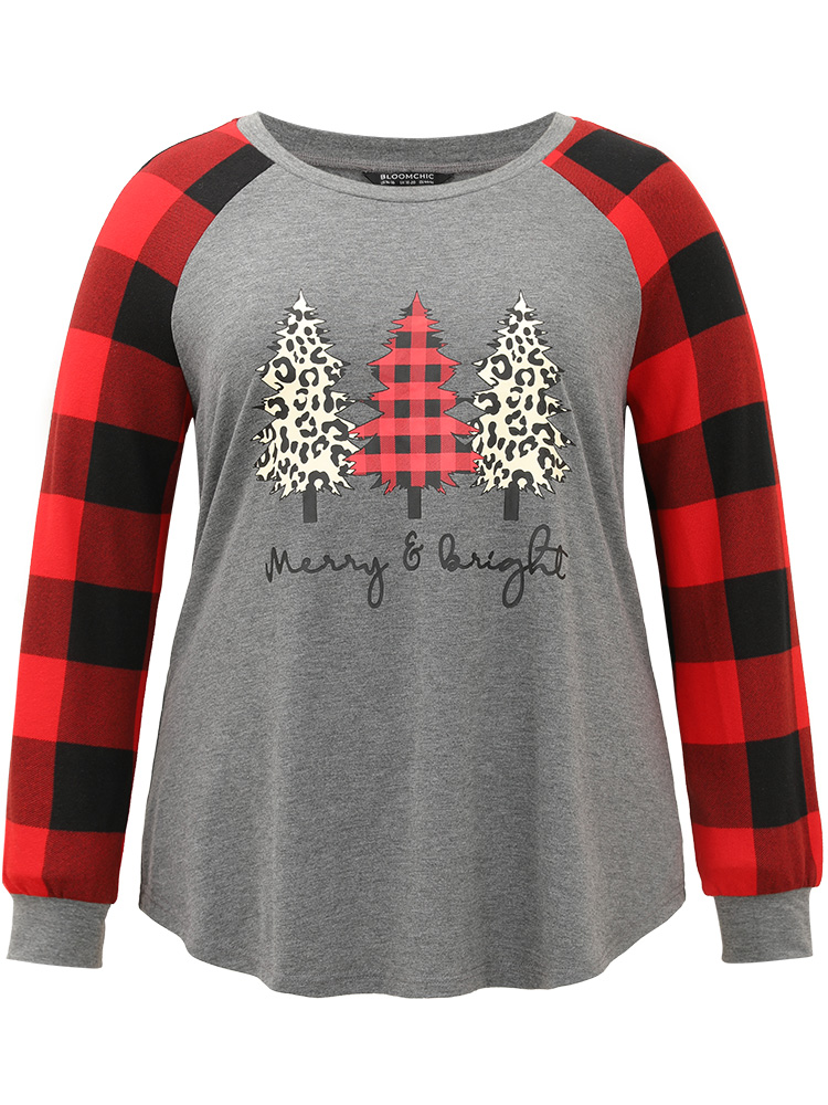 

Plus Size Plaid Christmas Trees Round Neck T-shirt Gray Women Casual Contrast Christmas Festival-Christmas T-shirts BloomChic