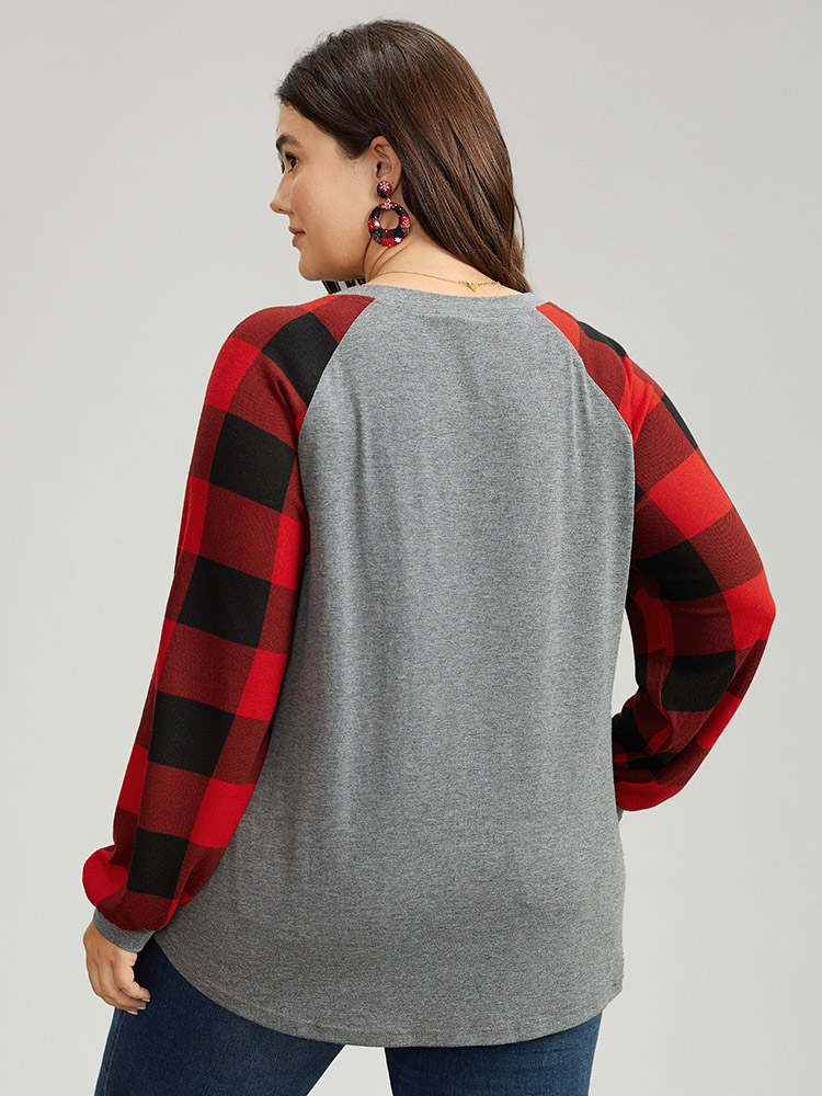 Plus Size Plaid Christmas Trees Round Neck T-shirt Gray Women Casual Contrast Christmas Festival-Christmas T-shirts BloomChic 30/6X 