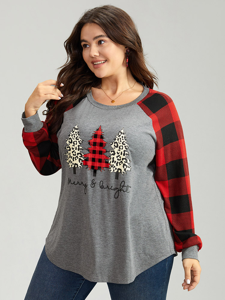Plus Size Plaid Christmas Trees Round Neck T-shirt Gray Women Casual Contrast Christmas Festival-Christmas T-shirts BloomChic 30/6X 