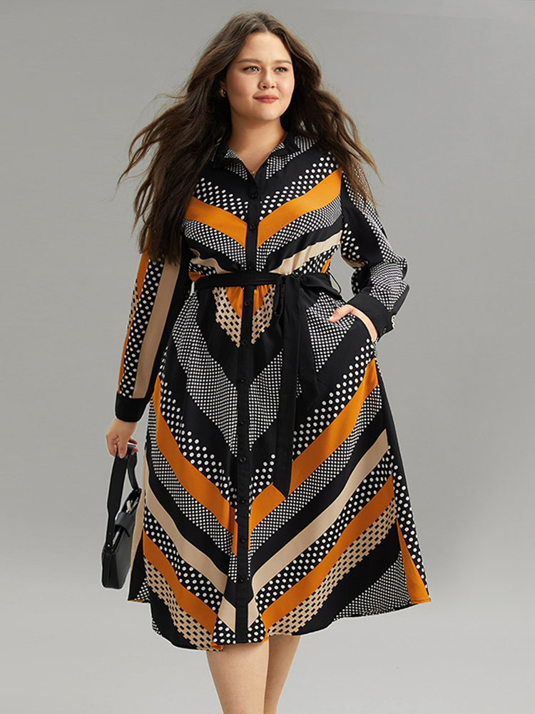 Plus Size Women Work Striped Belted Regular Sleeve Long Sleeve Mock Neck Pocket Belt At the Office Dresses BloomChic 