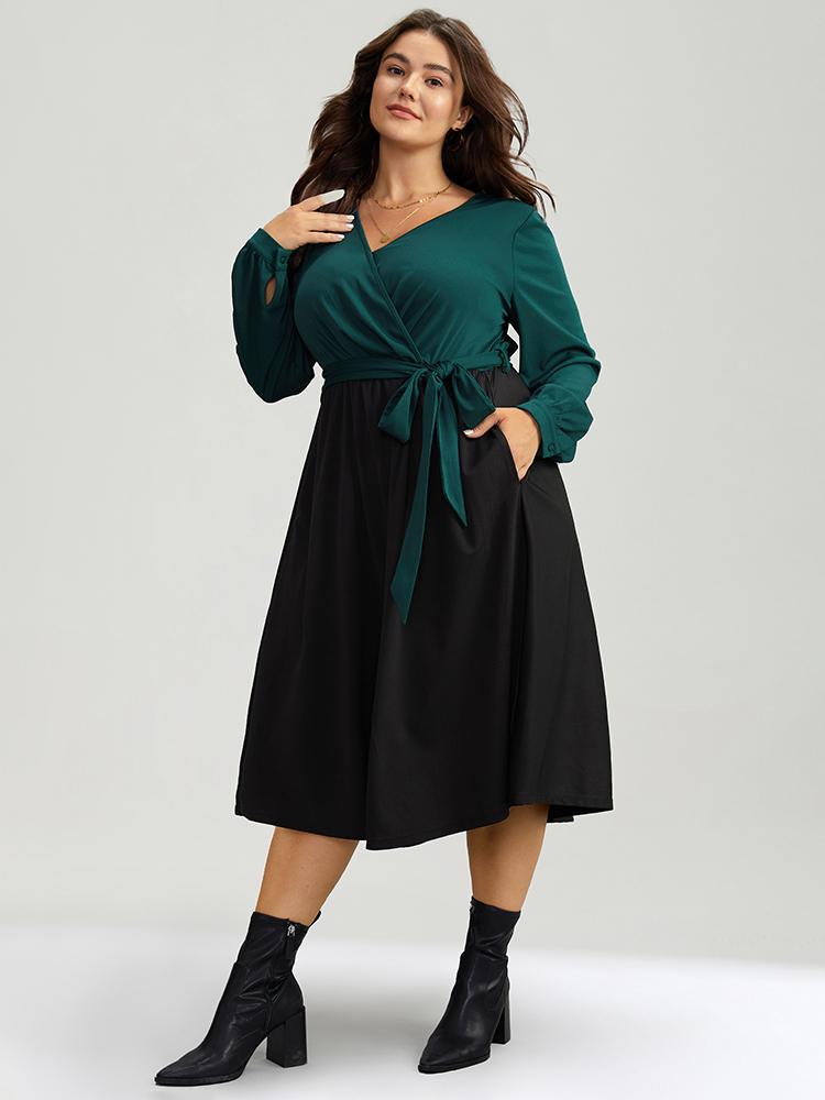 

Plus Size Contrast Patchwork Bowknot Overlap Collar Dress DarkGreen Women Elegant Belted V-neck Long Sleeve Curvy Midi Dress BloomChic