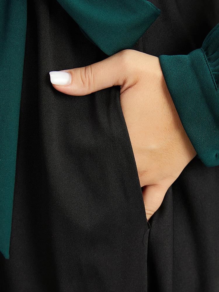 Plus Size Contrast Patchwork Bowknot Overlap Collar Dress DarkGreen Women Elegant Belted V-neck Long Sleeve Curvy Midi Dress BloomChic 28/5X 