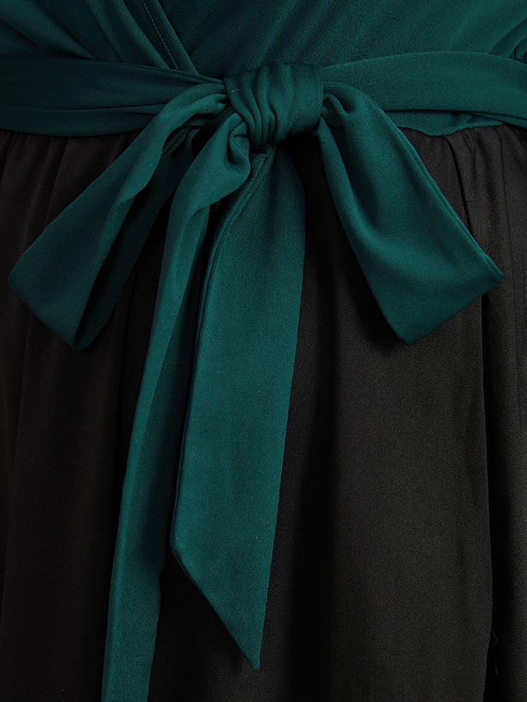Plus Size Contrast Patchwork Bowknot Overlap Collar Dress DarkGreen Women Elegant Belted V-neck Long Sleeve Curvy Midi Dress BloomChic 28/5X 