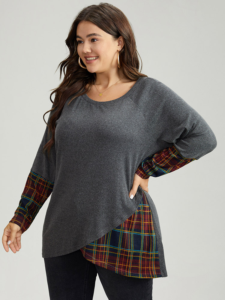 

Plus Size Plaid Patchwork Wrap Hem Raglan Sleeve T-shirt DimGray Round Neck Long Sleeve Casual Jersey Tops