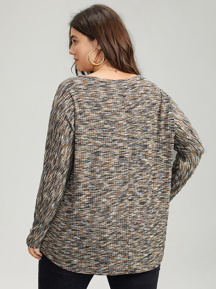 Plus Size Rib Knit Contrast Drop Shoulder T-shirt Multicolor Women Casual Texture Plain Round Neck Festival-Christmas T-shirts BloomChic 12/L 