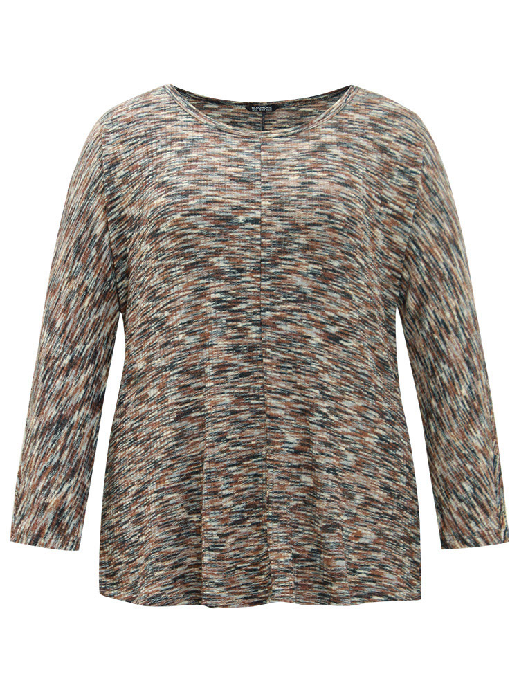 Plus Size Rib Knit Contrast Drop Shoulder T-shirt Multicolor Women Casual Texture Plain Round Neck Festival-Christmas T-shirts BloomChic 12/L 