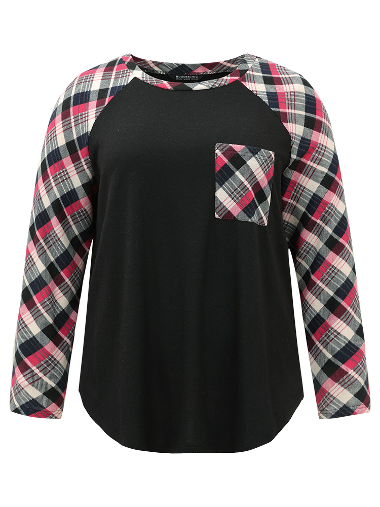 Plus Size Women Festival-Christmas Plaid Contrast Raglan sleeve Long Sleeve Round Neck Casual T-shirts BloomChic 