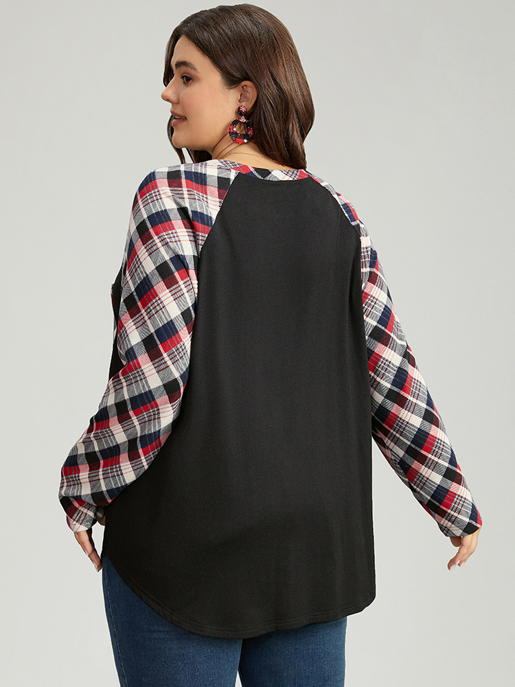 Plus Size Women Festival-Christmas Plaid Contrast Raglan sleeve Long Sleeve Round Neck Casual T-shirts BloomChic 