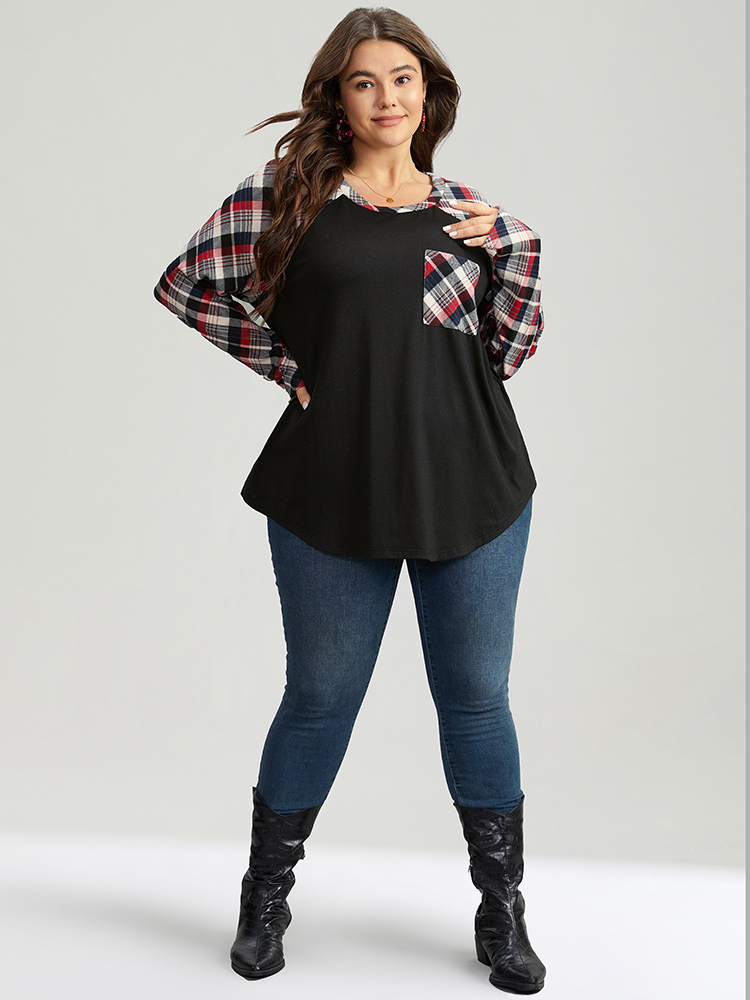 Plus Size Women Festival-Christmas Plaid Contrast Raglan sleeve Long Sleeve Round Neck Casual T-shirts BloomChic 