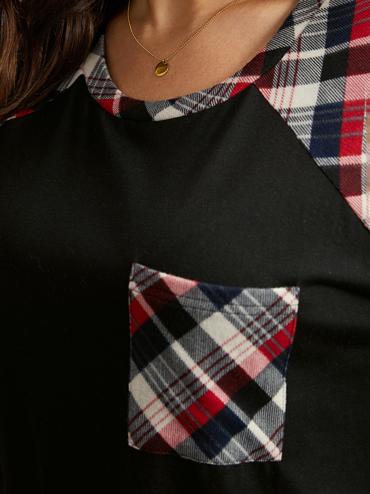 Plus Size Women Festival-Christmas Plaid Contrast Raglan sleeve Long Sleeve Round Neck Casual T-shirts BloomChic 
