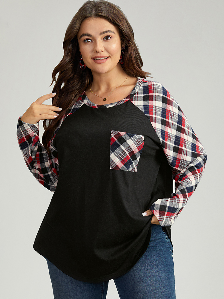 Plus Size Women Festival-Christmas Plaid Contrast Raglan sleeve Long Sleeve Round Neck Casual T-shirts BloomChic 
