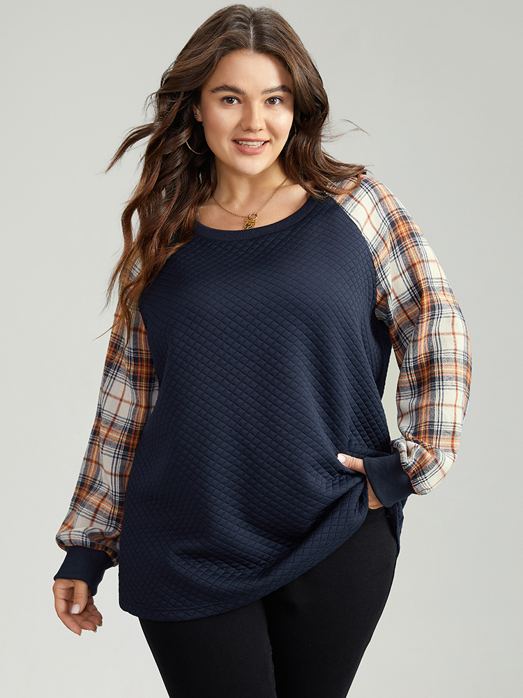 

Plus Size Rib Knit Plaid Patchwork Raglan Sleeve Sweatshirt Women DarkBlue Casual Elastic cuffs Round Neck Festival-Christmas Sweatshirts BloomChic