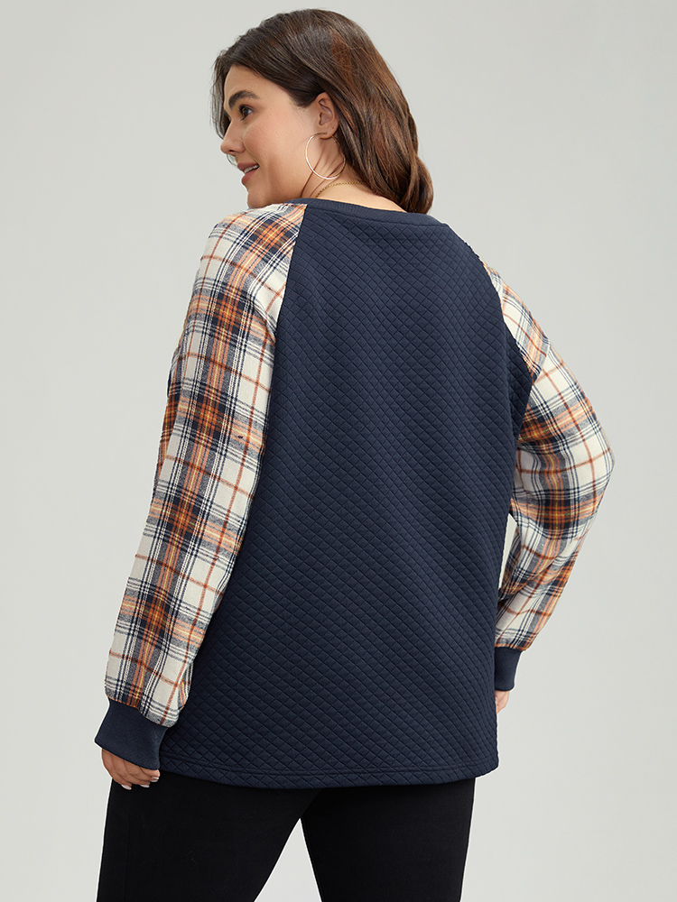 Plus Size Rib Knit Plaid Patchwork Raglan Sleeve Sweatshirt Women DarkBlue Casual Elastic cuffs Round Neck Festival-Christmas Sweatshirts BloomChic 10/M 