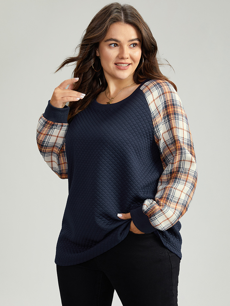 Plus Size Rib Knit Plaid Patchwork Raglan Sleeve Sweatshirt Women DarkBlue Casual Elastic cuffs Round Neck Festival-Christmas Sweatshirts BloomChic 10/M 