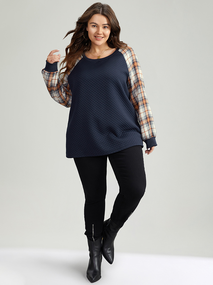 Plus Size Rib Knit Plaid Patchwork Raglan Sleeve Sweatshirt Women DarkBlue Casual Elastic cuffs Round Neck Festival-Christmas Sweatshirts BloomChic 10/M 