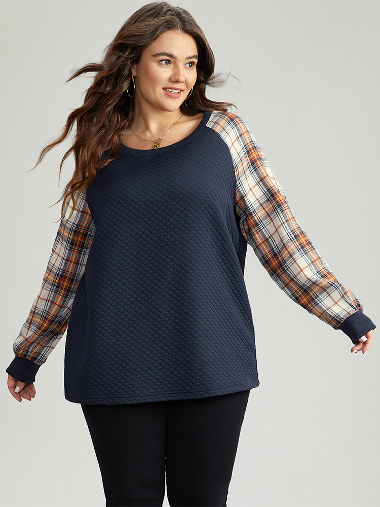 Plus Size Rib Knit Plaid Patchwork Raglan Sleeve Sweatshirt Women DarkBlue Casual Elastic cuffs Round Neck Festival-Christmas Sweatshirts BloomChic 10/M 