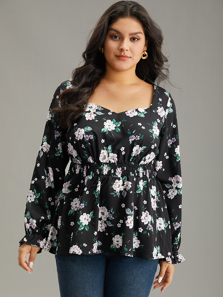 

Plus Size Black Floral Square Neck Shirred Lantern Sleeve Blouse Women Elegant Long Sleeve Square Neck Dailywear Blouses BloomChic