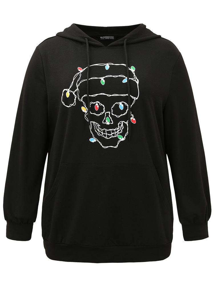 Plus Size Skull Print Pocket Hooded Drawstring Sweatshirt Women Black Casual Printed Festival-Christmas Sweatshirts BloomChic 12/L 