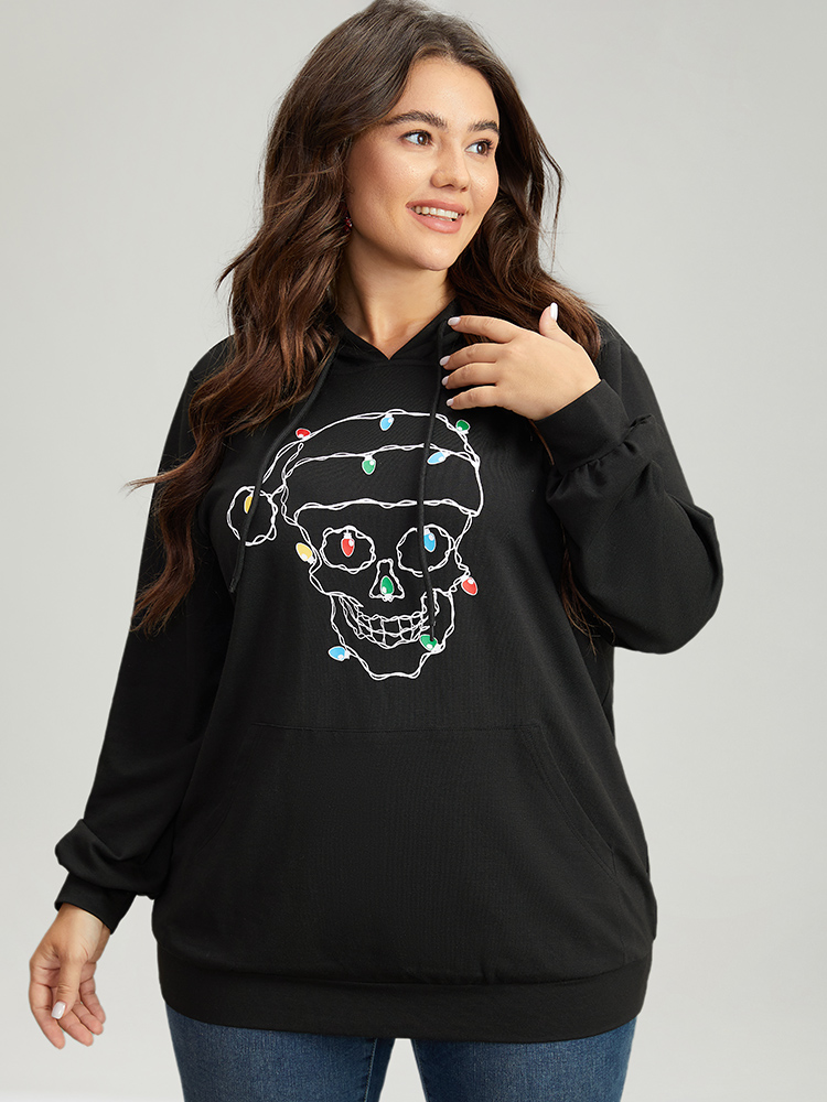 Plus Size Skull Print Pocket Hooded Drawstring Sweatshirt Women Black Casual Printed Festival-Christmas Sweatshirts BloomChic 12/L 
