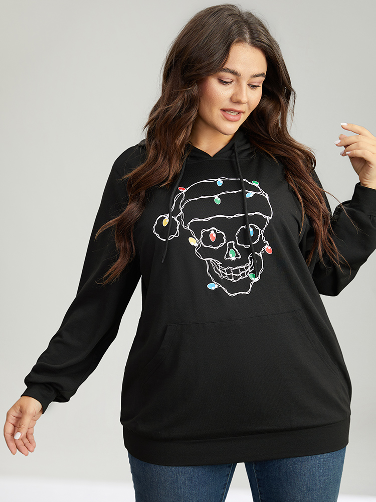 Plus Size Skull Print Pocket Hooded Drawstring Sweatshirt Women Black Casual Printed Festival-Christmas Sweatshirts BloomChic 12/L 