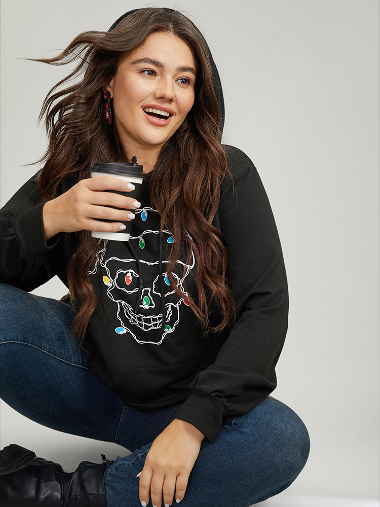 Plus Size Skull Print Pocket Hooded Drawstring Sweatshirt Women Black Casual Printed Festival-Christmas Sweatshirts BloomChic 12/L 