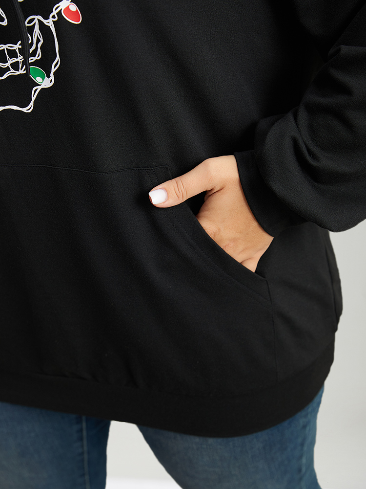Plus Size Skull Print Pocket Hooded Drawstring Sweatshirt Women Black Casual Printed Festival-Christmas Sweatshirts BloomChic 12/L 