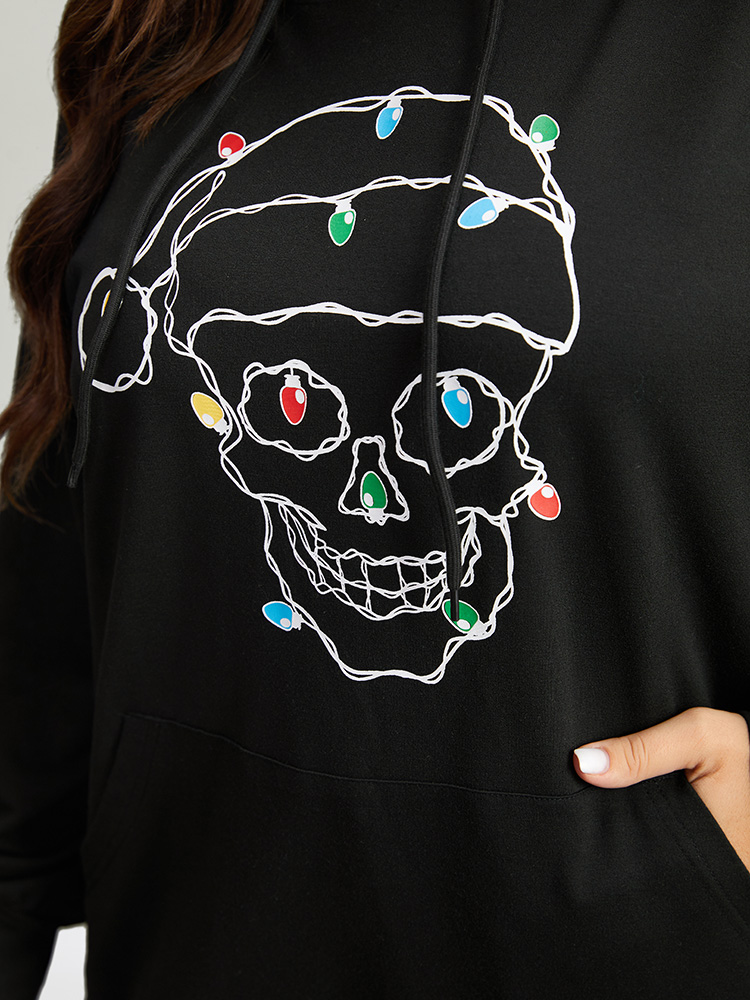 Plus Size Skull Print Pocket Hooded Drawstring Sweatshirt Women Black Casual Printed Festival-Christmas Sweatshirts BloomChic 12/L 