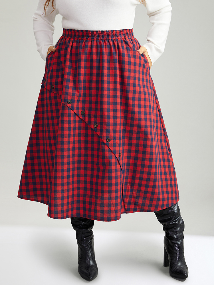 

Plus Size Gingham Pocket Elastic Waist Button Detail Skirt Women Scarlet Elegant Elastic Waist Loose No stretch Pocket Festival-Christmas Skirts BloomChic